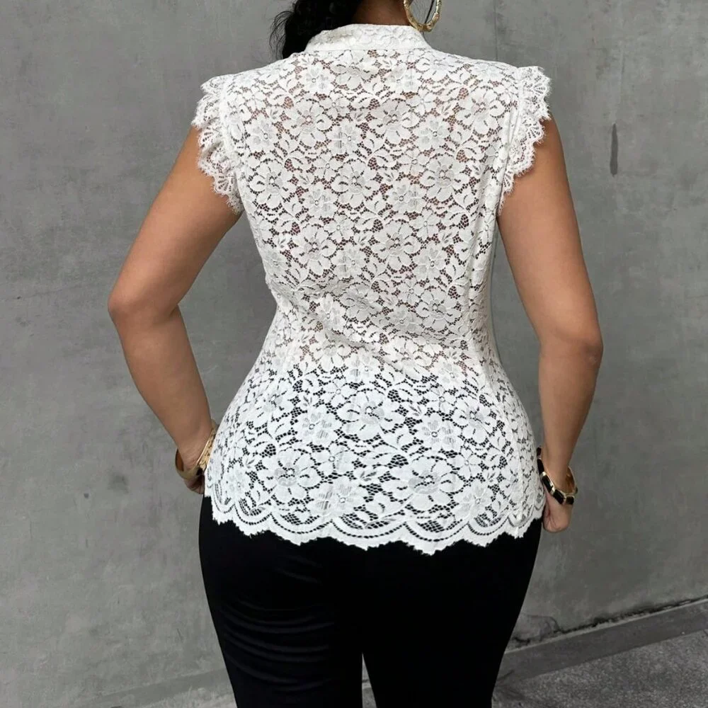 White Elegant Women's Plus Size Lace Button Collar Fitted Blouse - Picture 2 of 8